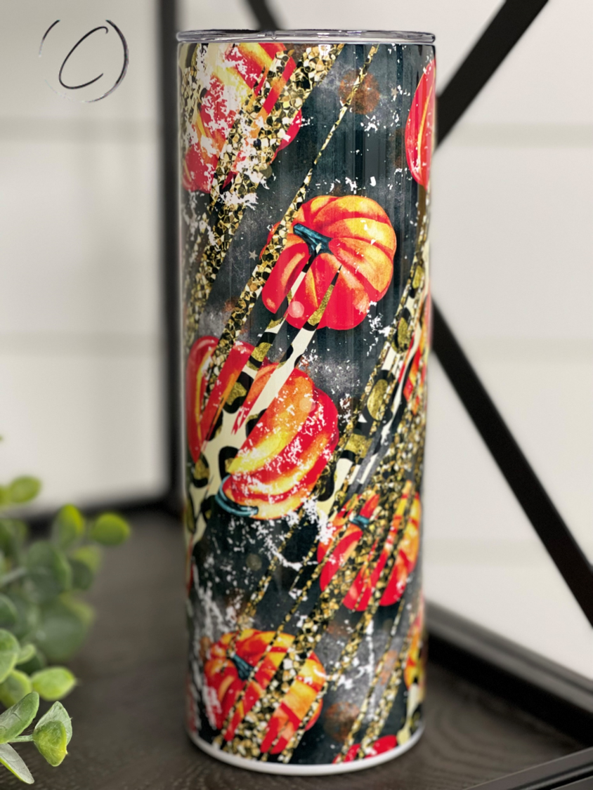 Gold Leopard Pumpkin Patch 20oz Skinny Tumbler with a stylish design, featuring a gold leopard print and a reusable straw.