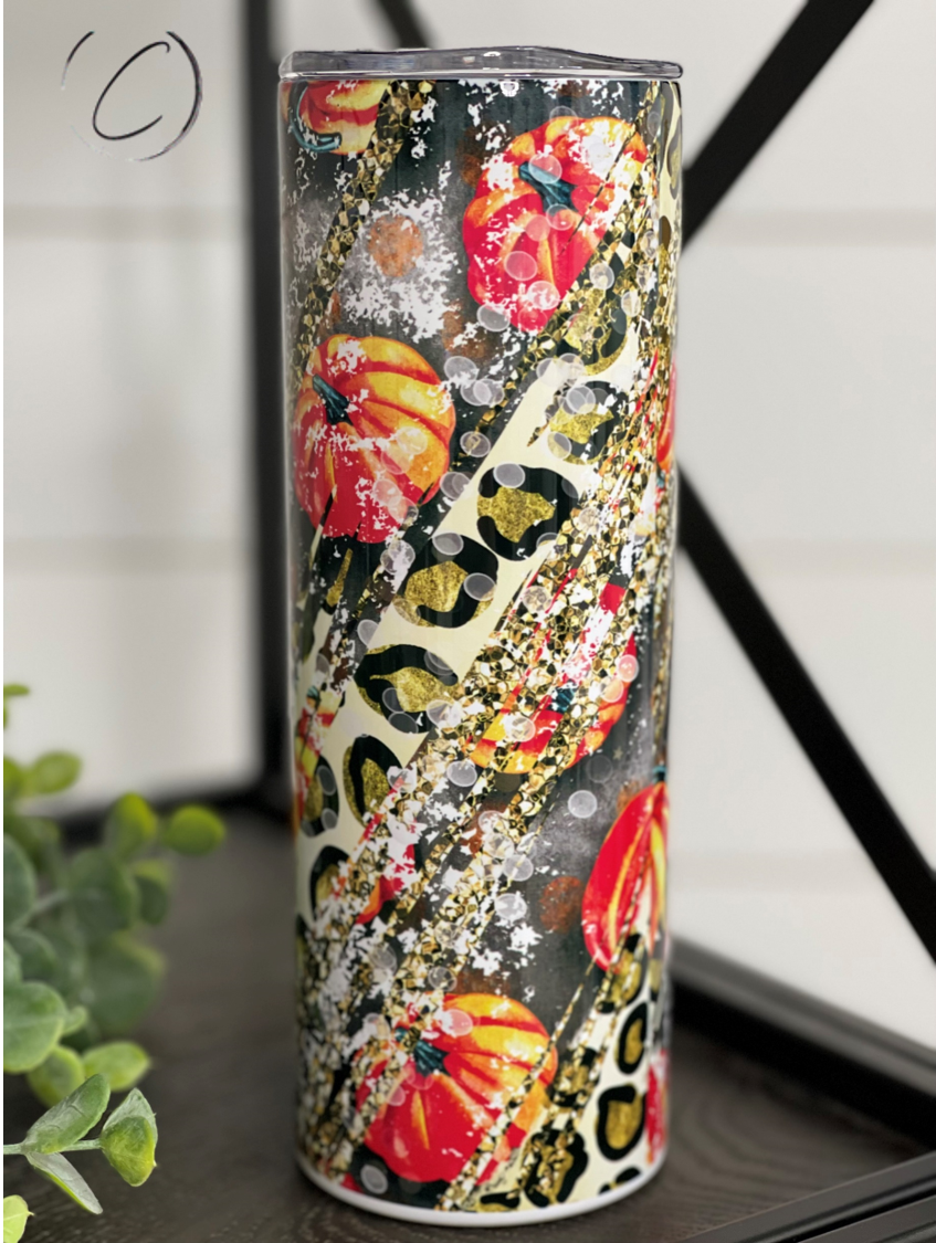 Gold Leopard Pumpkin Patch 20oz Skinny Tumbler with a stylish design, featuring a gold leopard print and a reusable straw.