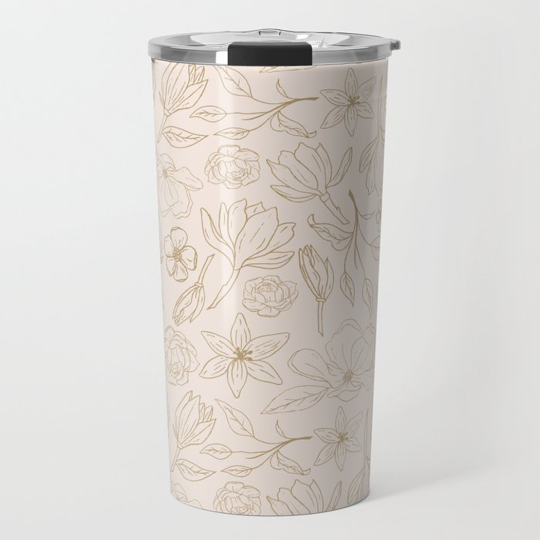 Gold Magnolia Travel Coffee Mug in stainless steel with elegant wraparound artwork, perfect for hot and cold beverages.