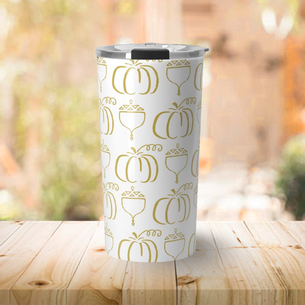Gold Pumpkin & Acorn Travel Coffee Mug featuring a stylish design with a stainless steel finish and a vacuum-sealed lid.