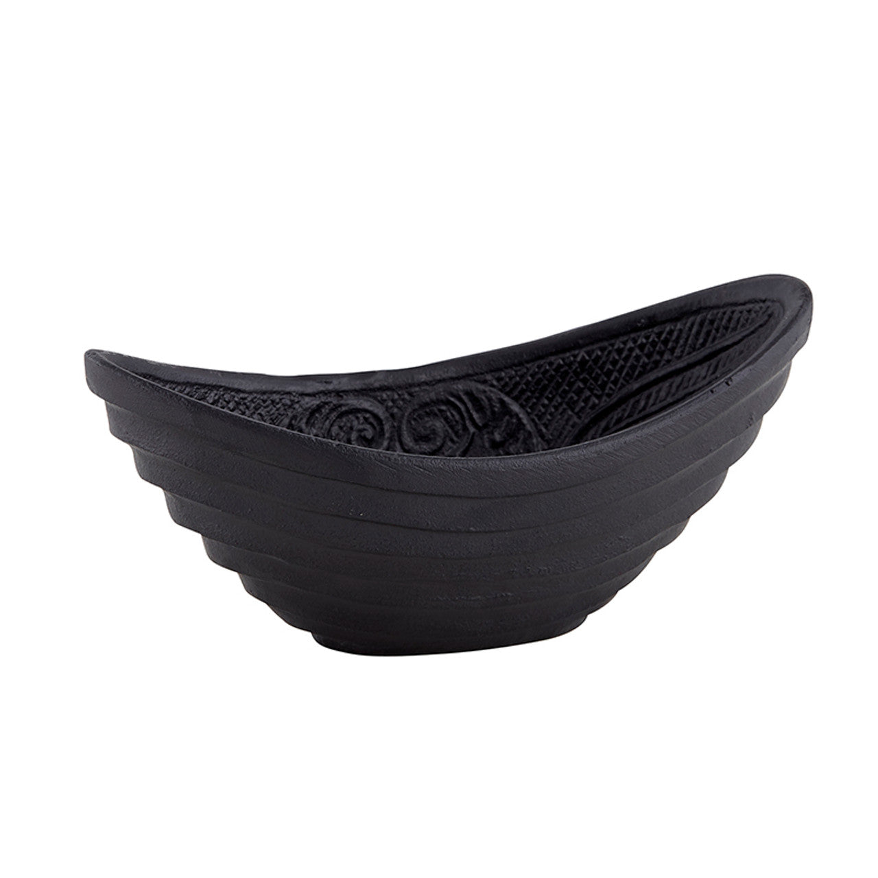 Gothic Cast Iron Oval Bowl in black, measuring 6.5 inches by 3 inches, showcasing its elegant and rustic design.