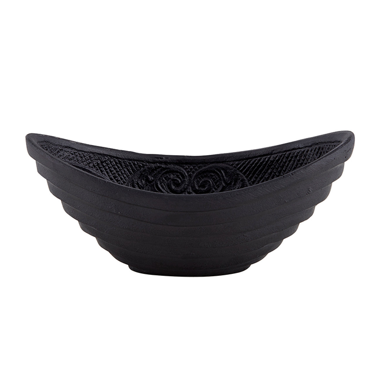 Gothic Cast Iron Oval Bowl in black, measuring 6.5 inches by 3 inches, showcasing its elegant and rustic design.