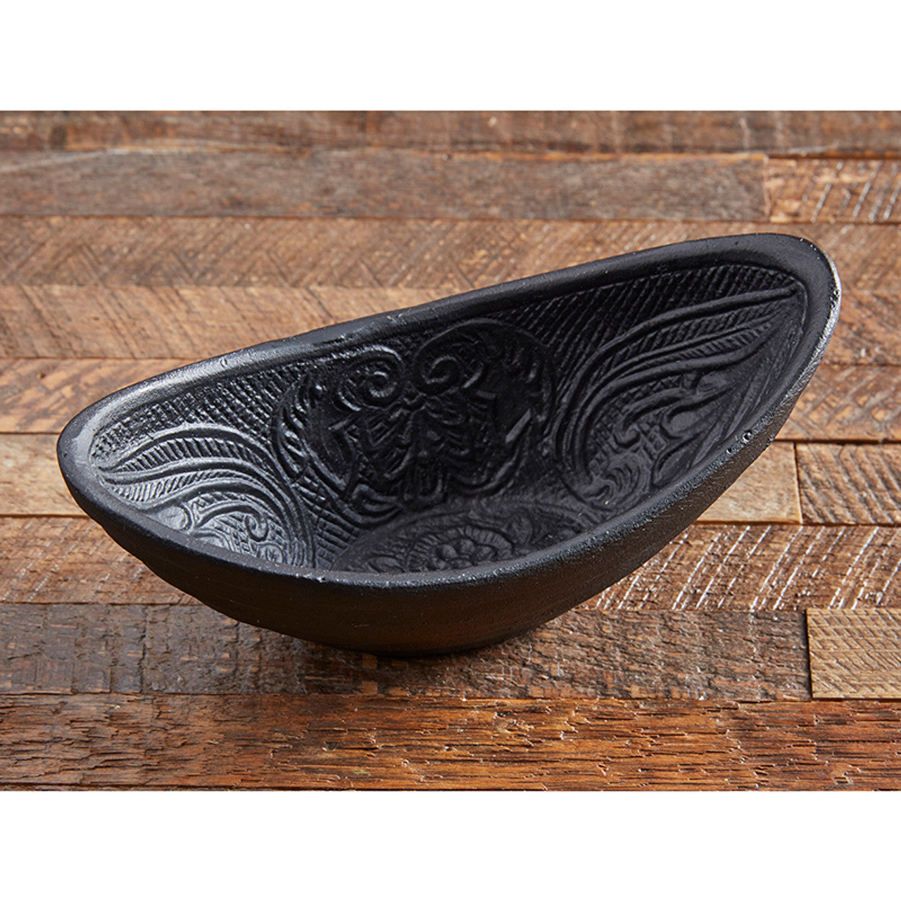 Gothic Cast Iron Oval Bowl in black, measuring 6.5 inches by 3 inches, showcasing its elegant and rustic design.