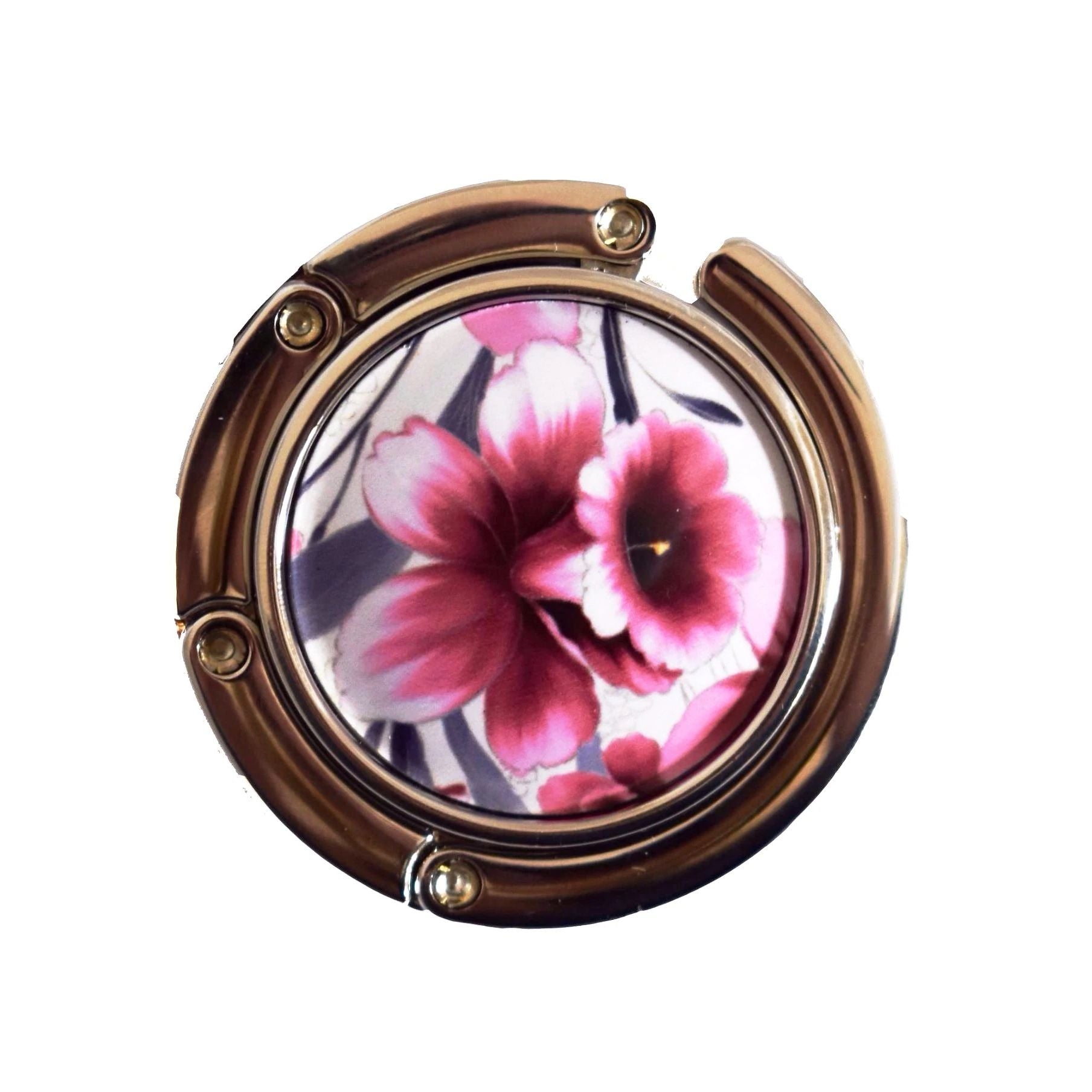 Stylish silver graphic purse hanger with a decorative medallion, designed to keep handbags off the floor.