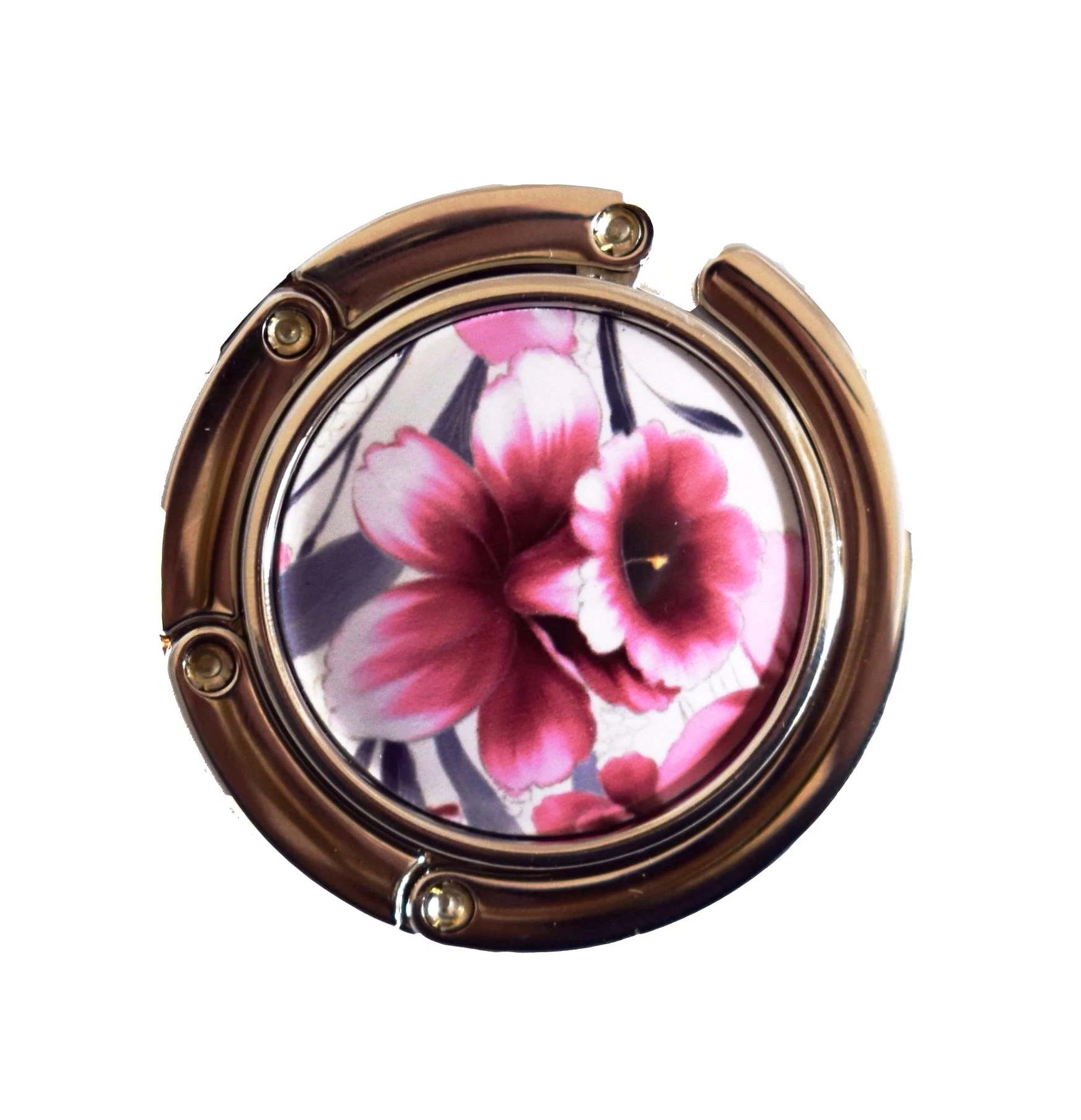 Stylish silver graphic purse hanger with a decorative medallion, designed to keep handbags off the floor.