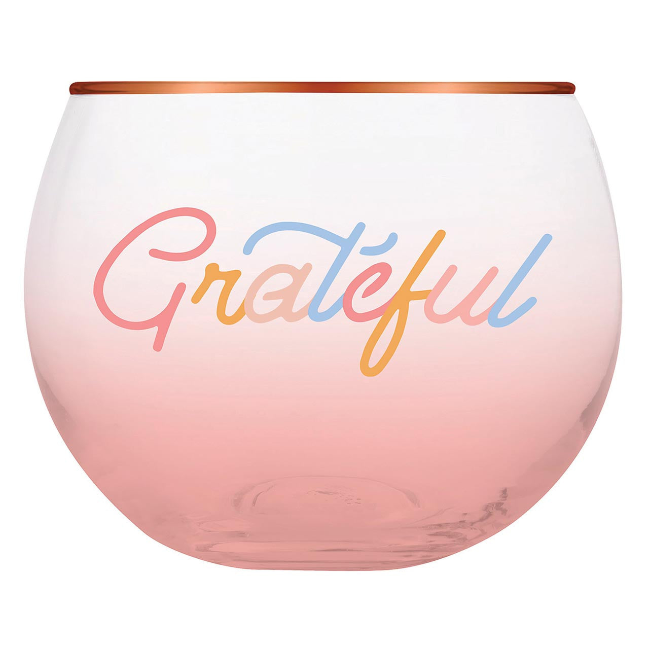 Grateful Roly Poly Pink Ombre Glass with pastel lettering and gold rim, perfect for beverages.