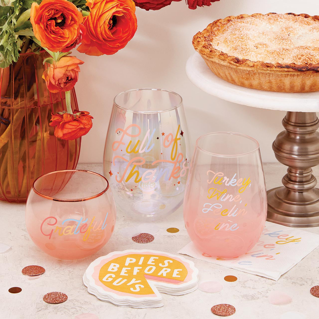 Grateful Roly Poly Pink Ombre Glass with pastel lettering and gold rim, perfect for beverages.