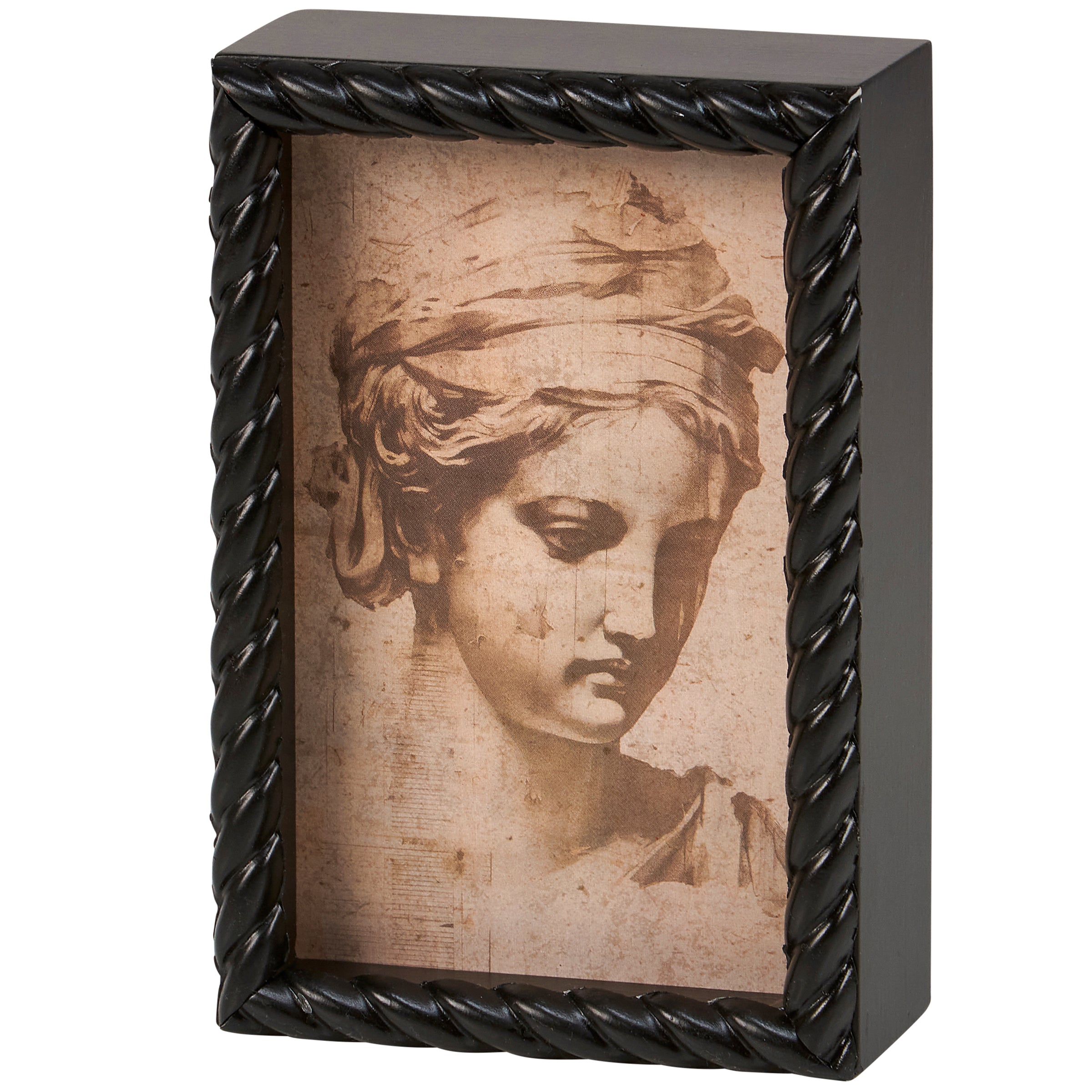 Greek Sketch Inset Box Sign featuring a vintage Greek statue design in a matte black frame with a natural wood finish.