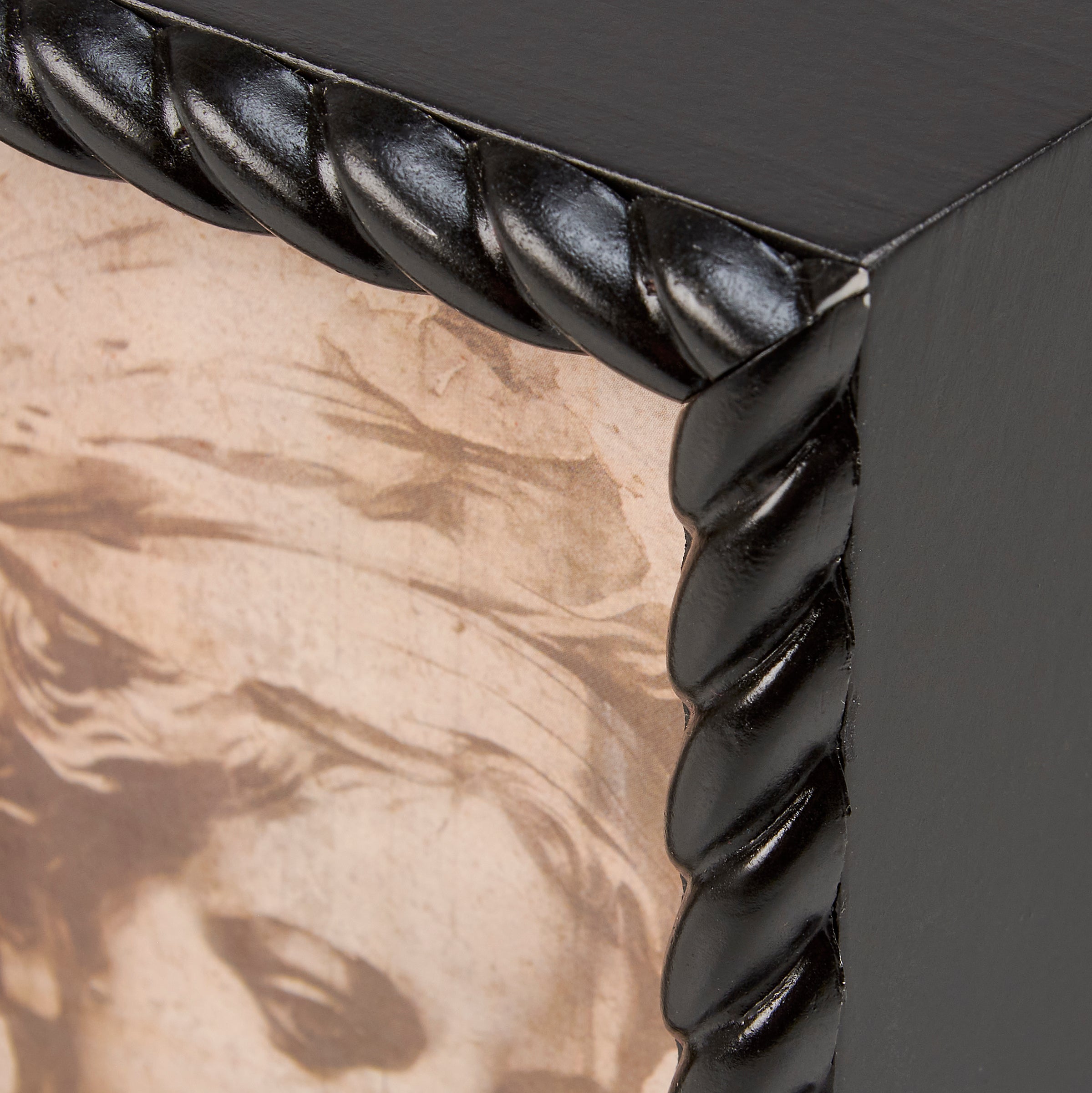 Greek Sketch Inset Box Sign featuring a vintage Greek statue design in a matte black frame with a natural wood finish.