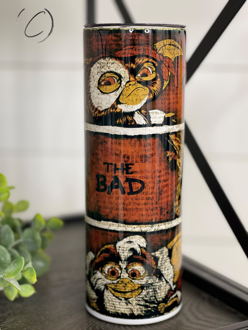 Gremlins The Good, The Bad, The Ugly 20oz Skinny Tumbler featuring vibrant full wrap design and reusable straw.