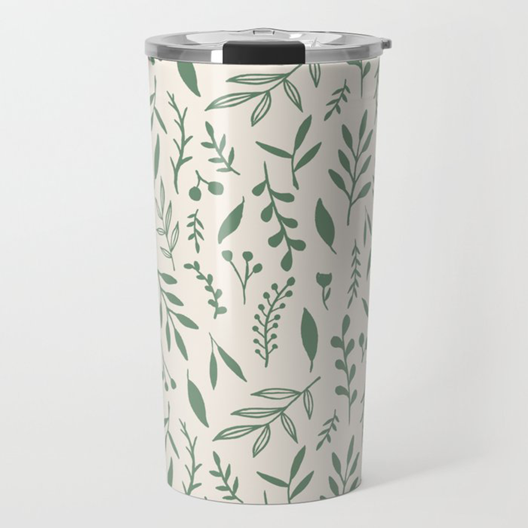 Green Falling Leaves Travel Coffee Mug made of stainless steel with a beautiful leaf design, perfect for hot or cold beverages.