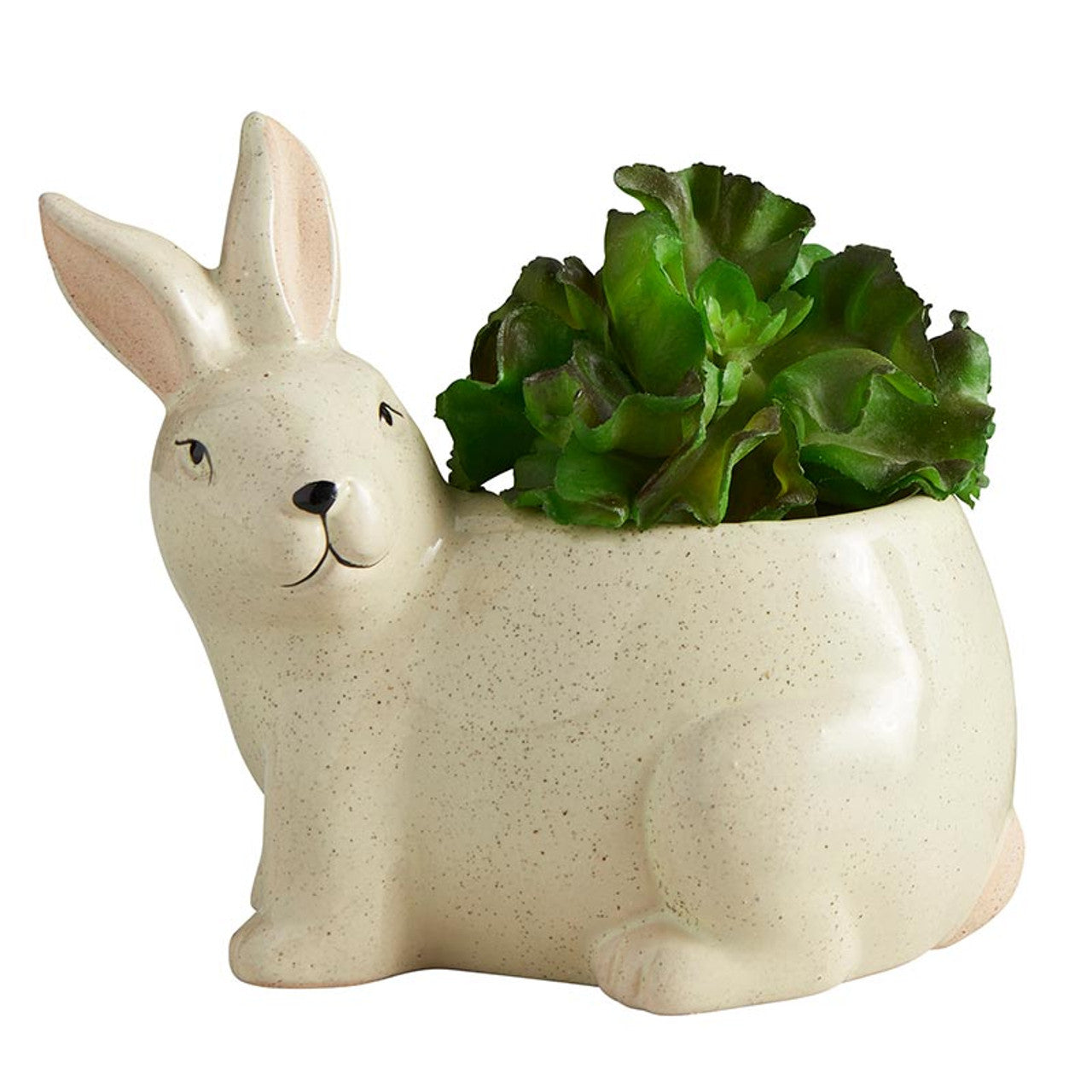 A cute green ceramic planter shaped like a rabbit, perfect for succulents, showcasing its playful design and smooth finish.
