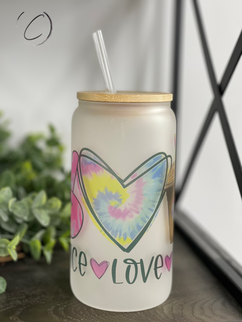 Groovy Peace, Love, Coffee 16oz Libbey Glass tumbler with vibrant design and reusable straw.