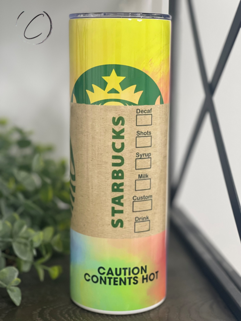 Groovy Starbucks 20oz Skinny Tumbler with vibrant design and reusable straw, perfect for hot and cold beverages.