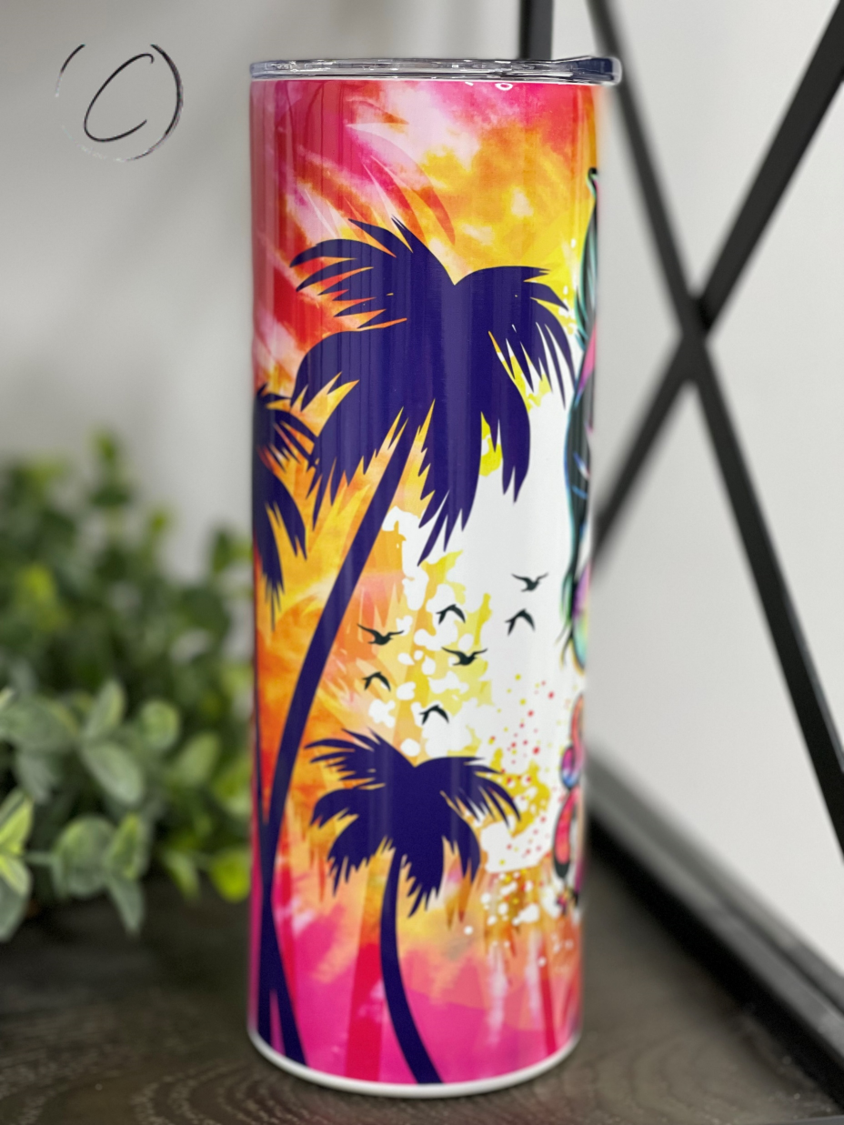 A colorful Groovy Summer Vibes 20oz Skinny Tumbler with a vibrant design, featuring a reusable straw, perfect for summer drinks.