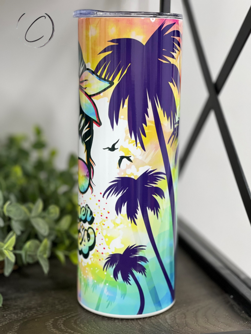 A colorful Groovy Summer Vibes 20oz Skinny Tumbler with a vibrant design, featuring a reusable straw, perfect for summer drinks.