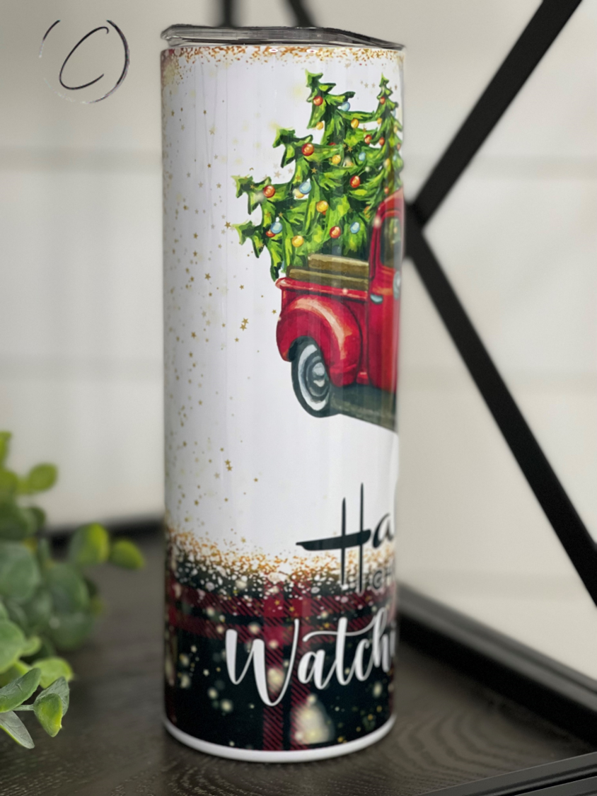 Hallmark Christmas Movie Watching 20oz skinny tumbler with festive design and reusable straw.