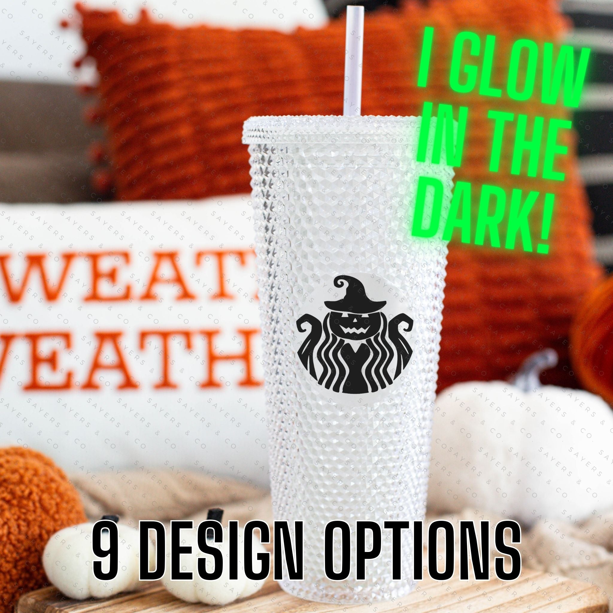 Halloween Spooky Studded Vinyl Monogram 24oz Double Walled Tumbler with matching straw, perfect for iced drinks.