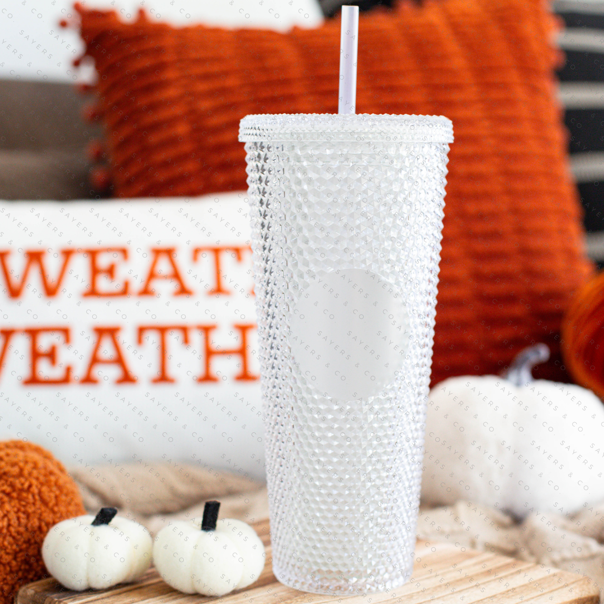 Halloween Spooky Studded Vinyl Monogram 24oz Double Walled Tumbler with matching straw, perfect for iced drinks.