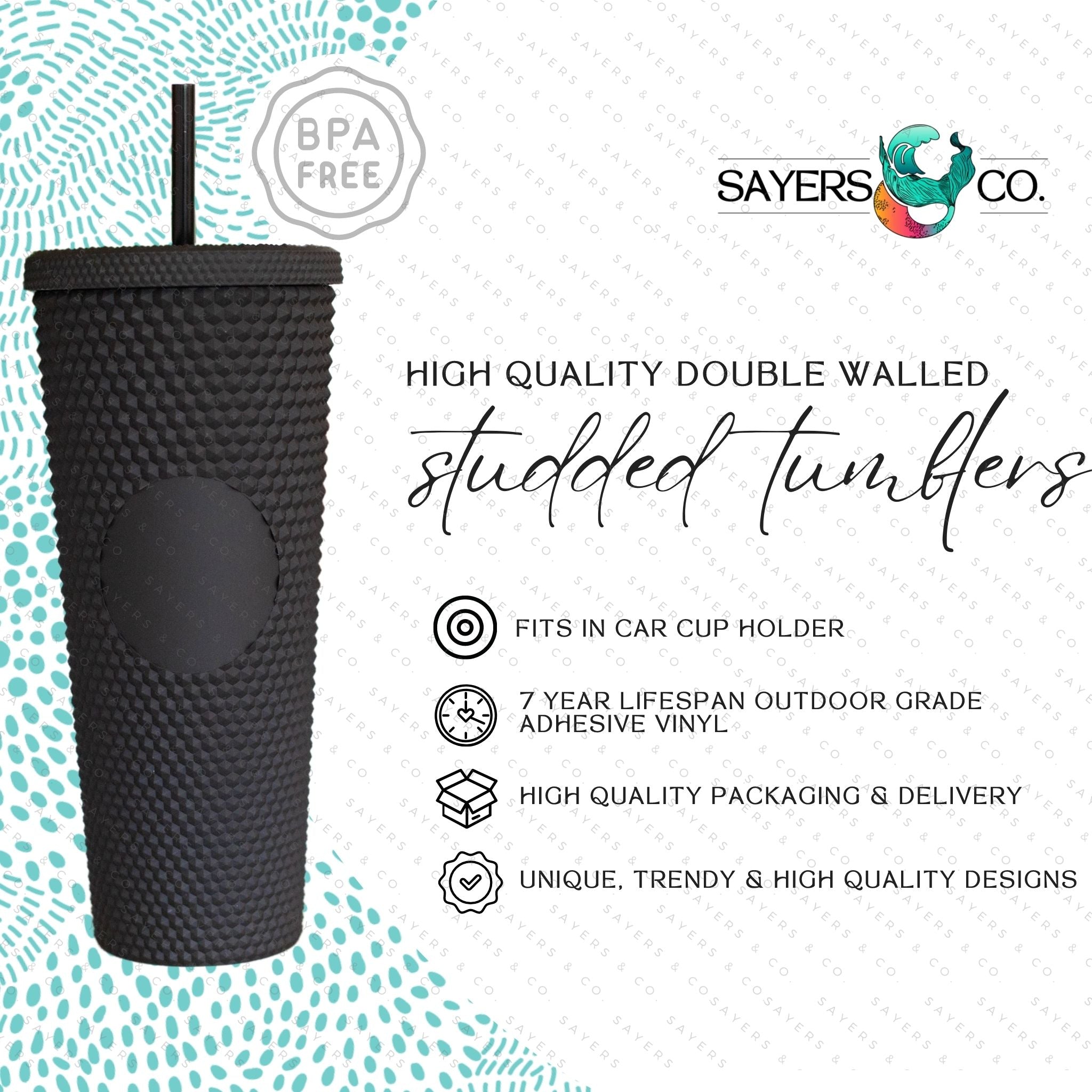 Halloween Spooky Studded Vinyl Monogram 24oz Double Walled Tumbler with matching straw, perfect for iced drinks.