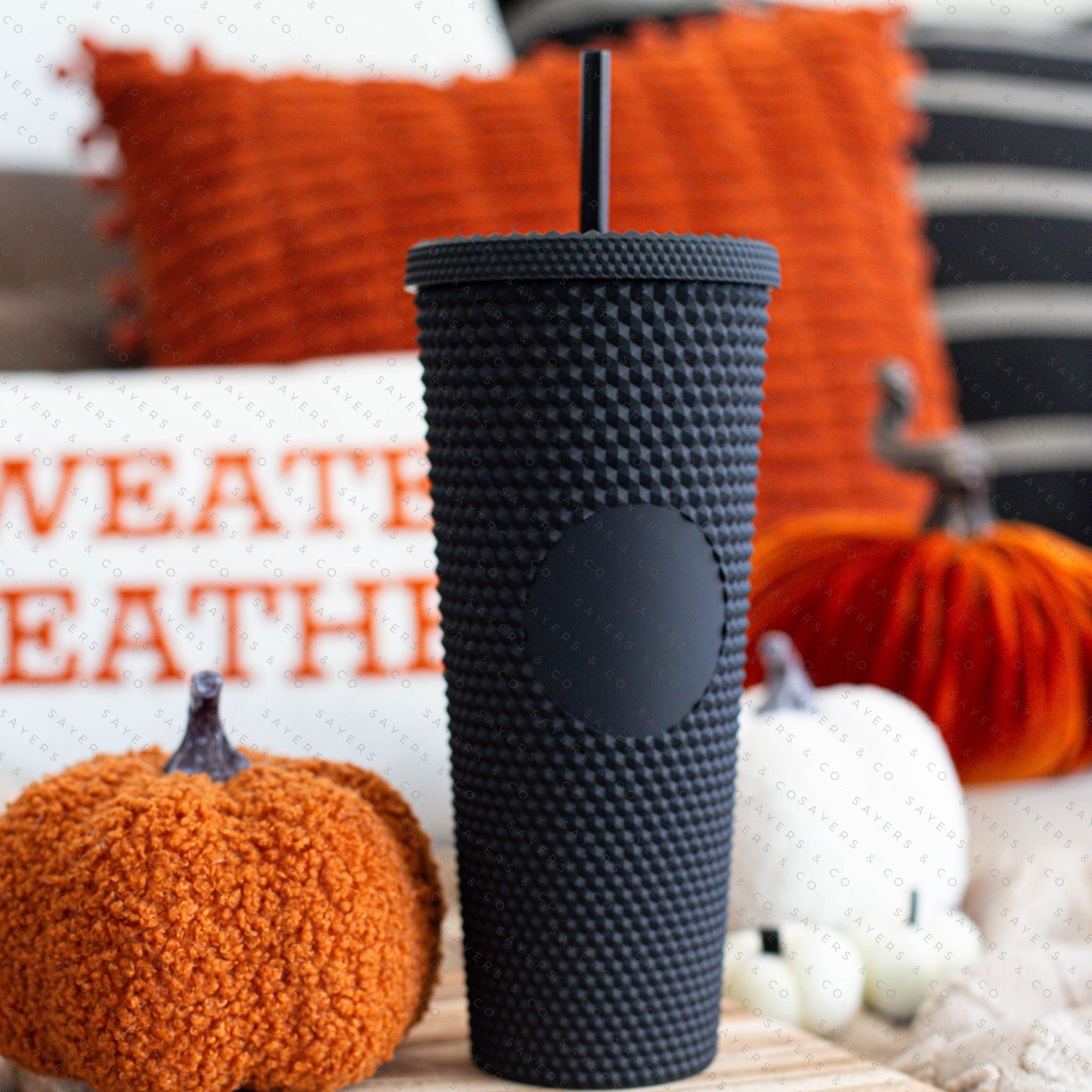 Halloween Spooky Studded Vinyl Monogram 24oz Double Walled Tumbler with matching straw, perfect for iced drinks.