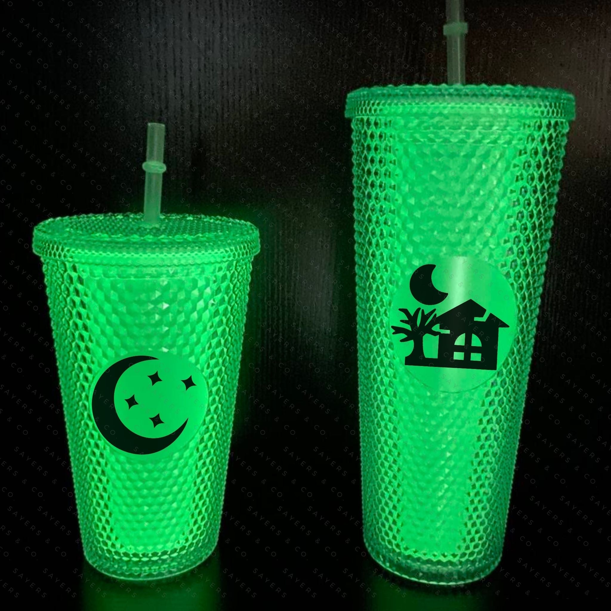 Halloween Spooky Studded Vinyl Monogram 24oz Double Walled Tumbler with matching straw, perfect for iced drinks.
