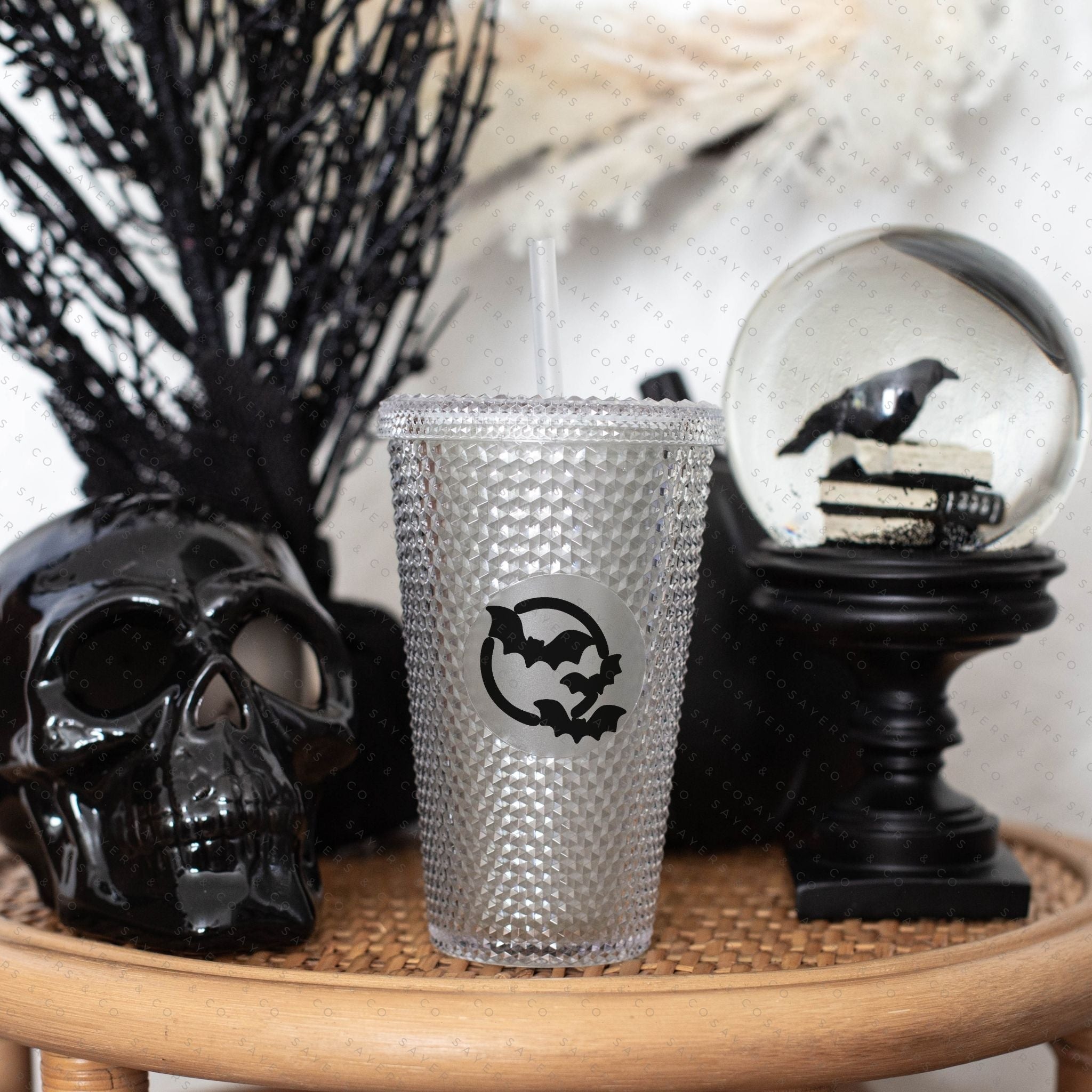 Halloween Spooky Studded Vinyl Monogram 24oz Double Walled Tumbler with matching straw, perfect for iced drinks.