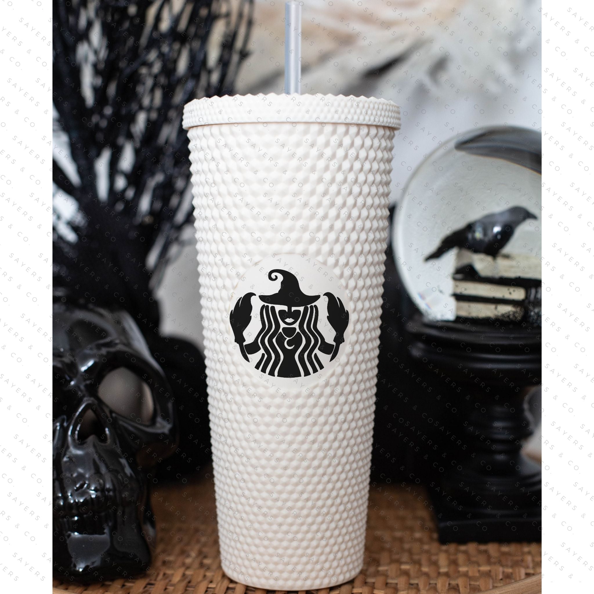 Halloween Spooky Studded Vinyl Monogram 24oz Double Walled Tumbler with matching straw, perfect for iced drinks.