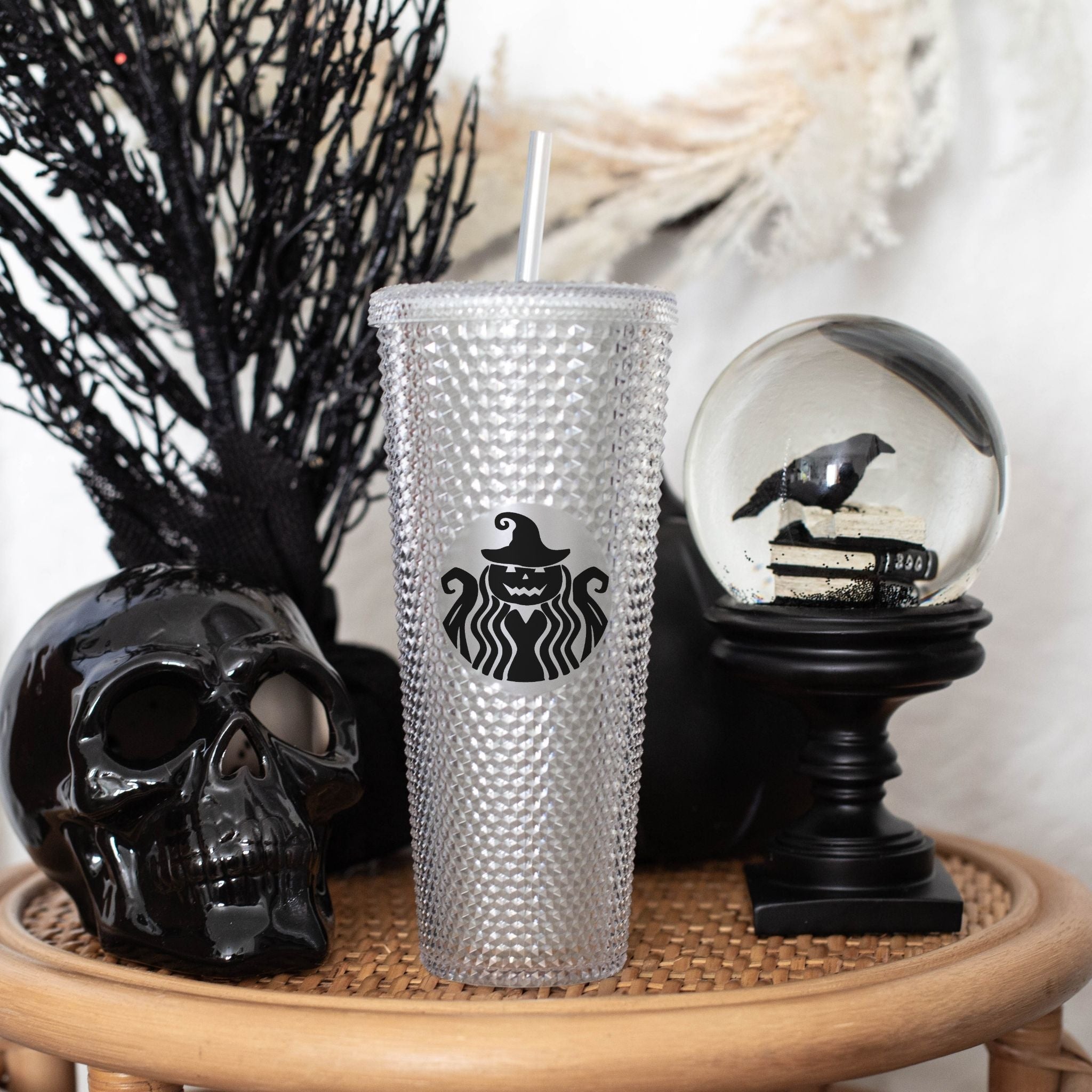 Halloween Spooky Studded Vinyl Monogram 24oz Double Walled Tumbler with matching straw, perfect for iced drinks.