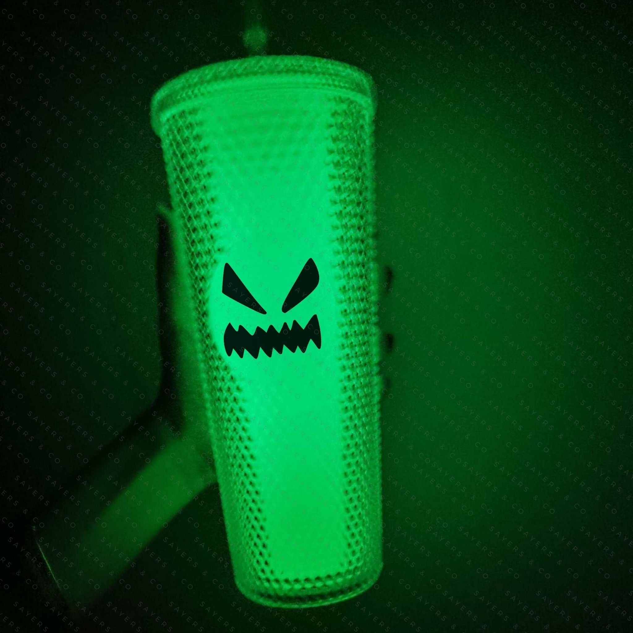 Halloween Spooky Studded Vinyl Monogram 24oz Double Walled Tumbler with matching straw, perfect for iced drinks.