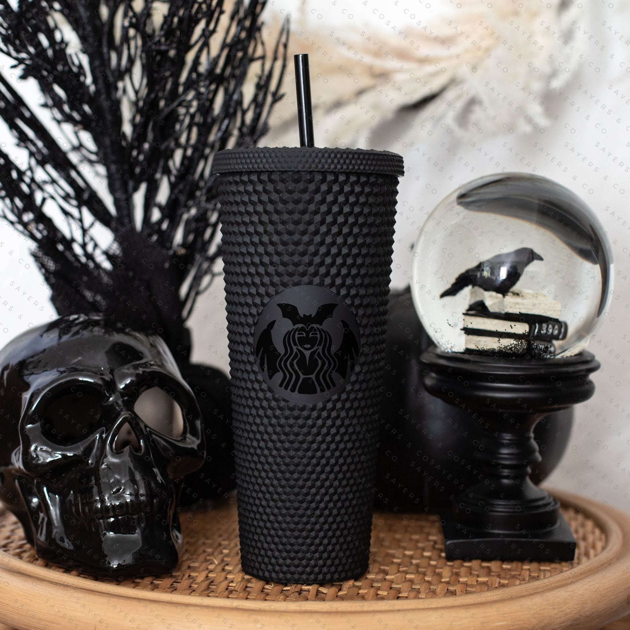 Halloween Spooky Studded Vinyl Monogram 24oz Double Walled Tumbler with matching straw, perfect for iced drinks.
