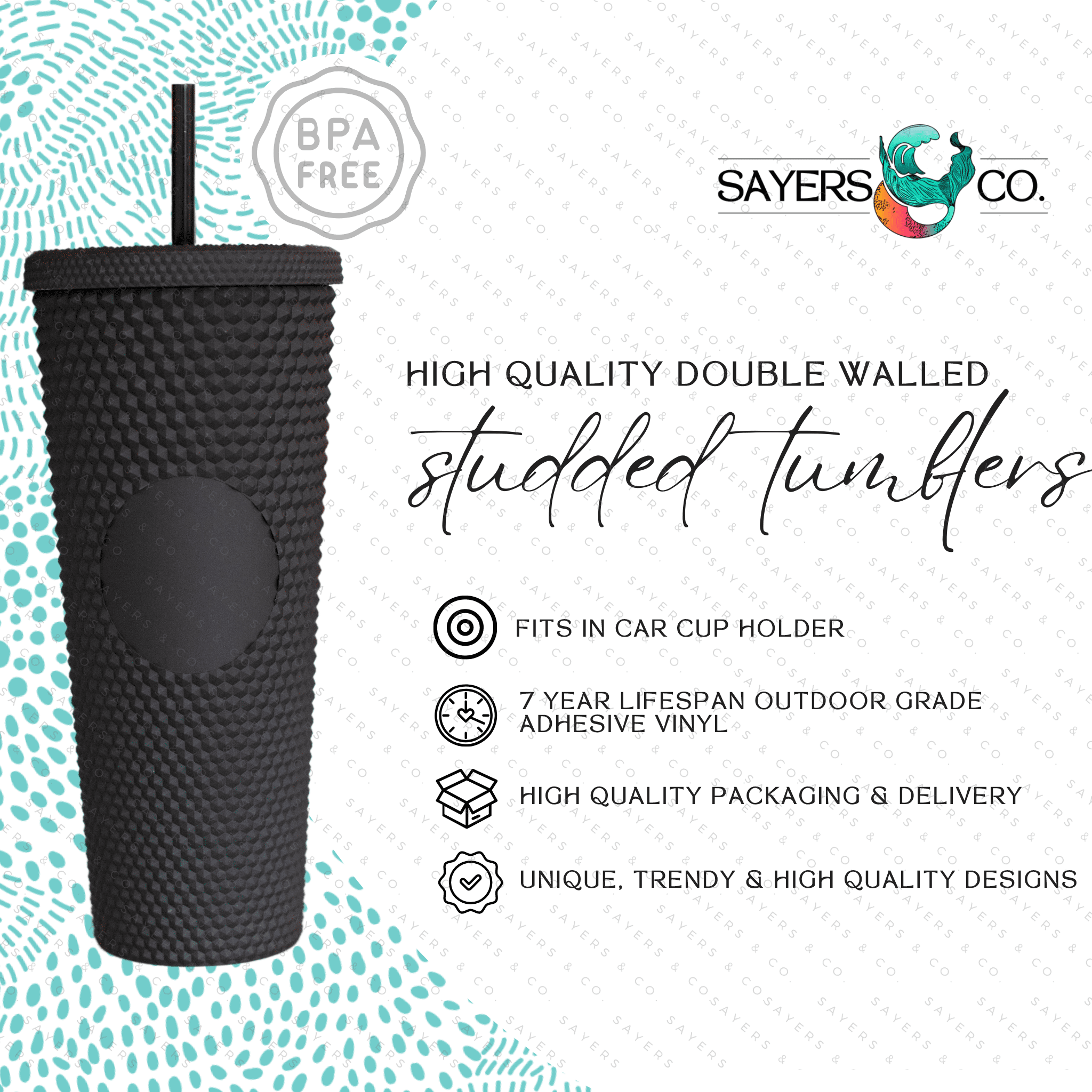 Halloween Spooky Studded Vinyl Monogram 24oz Double Walled Tumbler with matching straw, perfect for iced drinks.