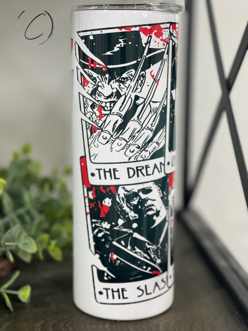Halloween Tarot Cards 20oz Skinny Tumbler with intricate tarot card designs, reusable straw included.