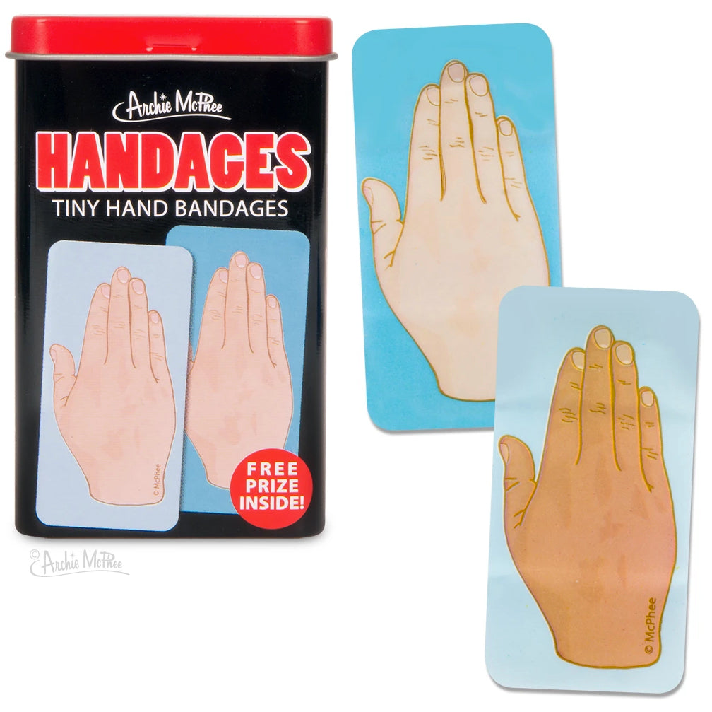 A metal tin filled with Handages Tiny Hand Bandages, each decorated with a playful hand design, perfect for covering cuts and scrapes.