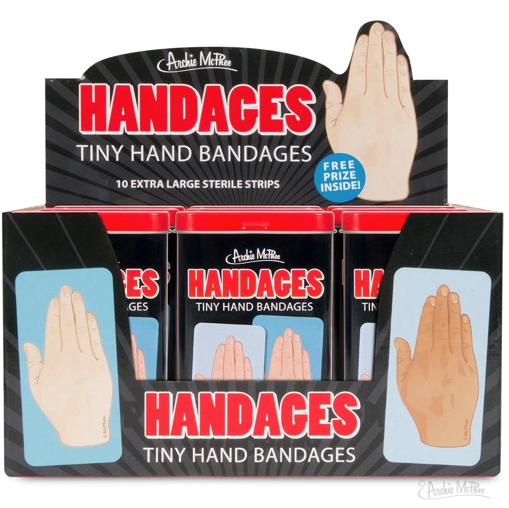 A metal tin filled with Handages Tiny Hand Bandages, each decorated with a playful hand design, perfect for covering cuts and scrapes.