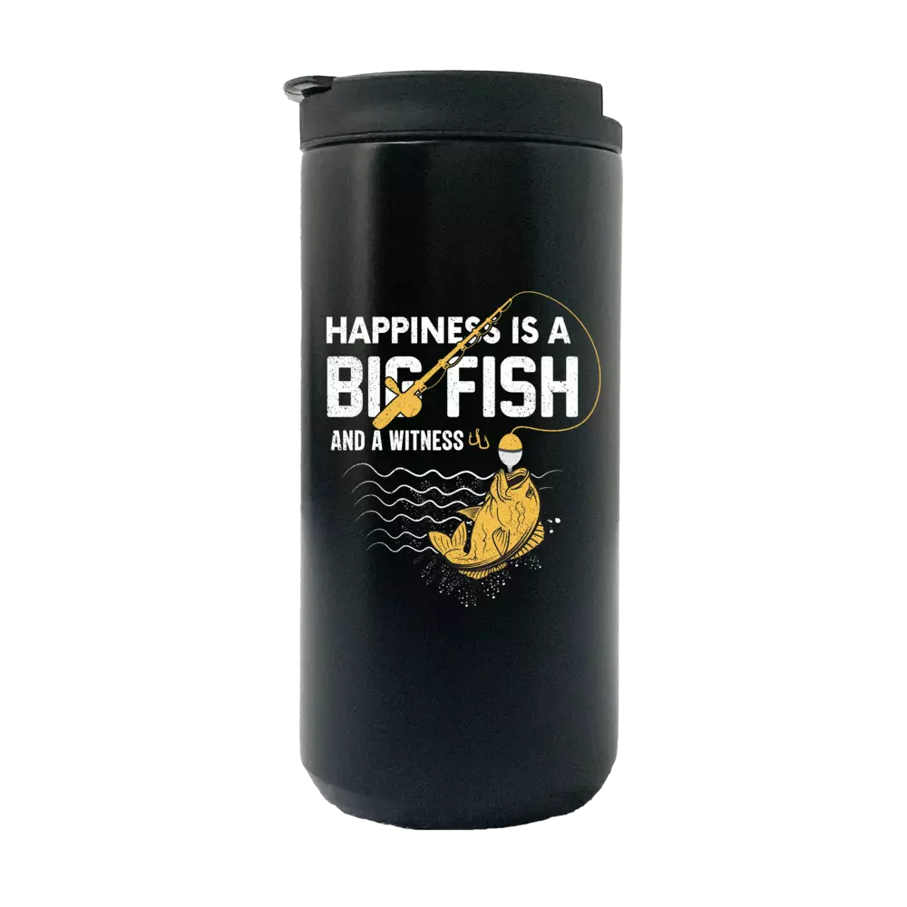 Happiness is a Big Fish 14oz Insulated Coffee Tumbler in stainless steel with vibrant UV printed design.