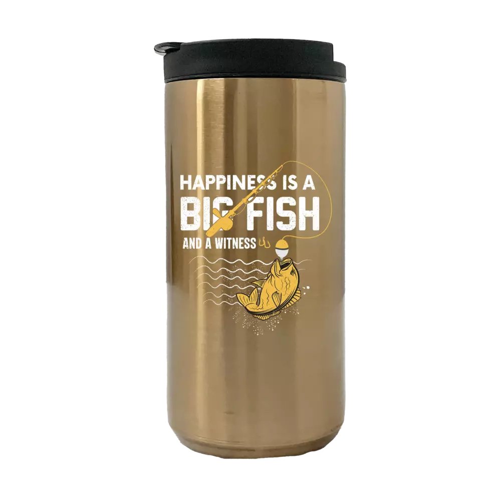 Happiness is a Big Fish 14oz Insulated Coffee Tumbler in stainless steel with vibrant UV printed design.
