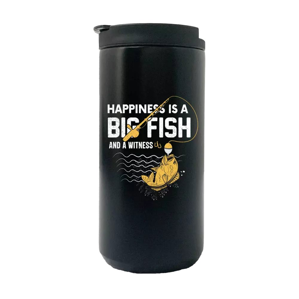 Happiness is a Big Fish 14oz Insulated Coffee Tumbler in stainless steel with vibrant UV printed design.