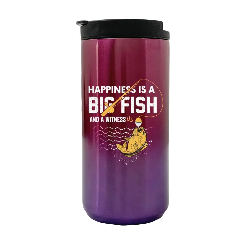 Happiness is a Big Fish 14oz Insulated Coffee Tumbler in stainless steel with vibrant UV printed design.