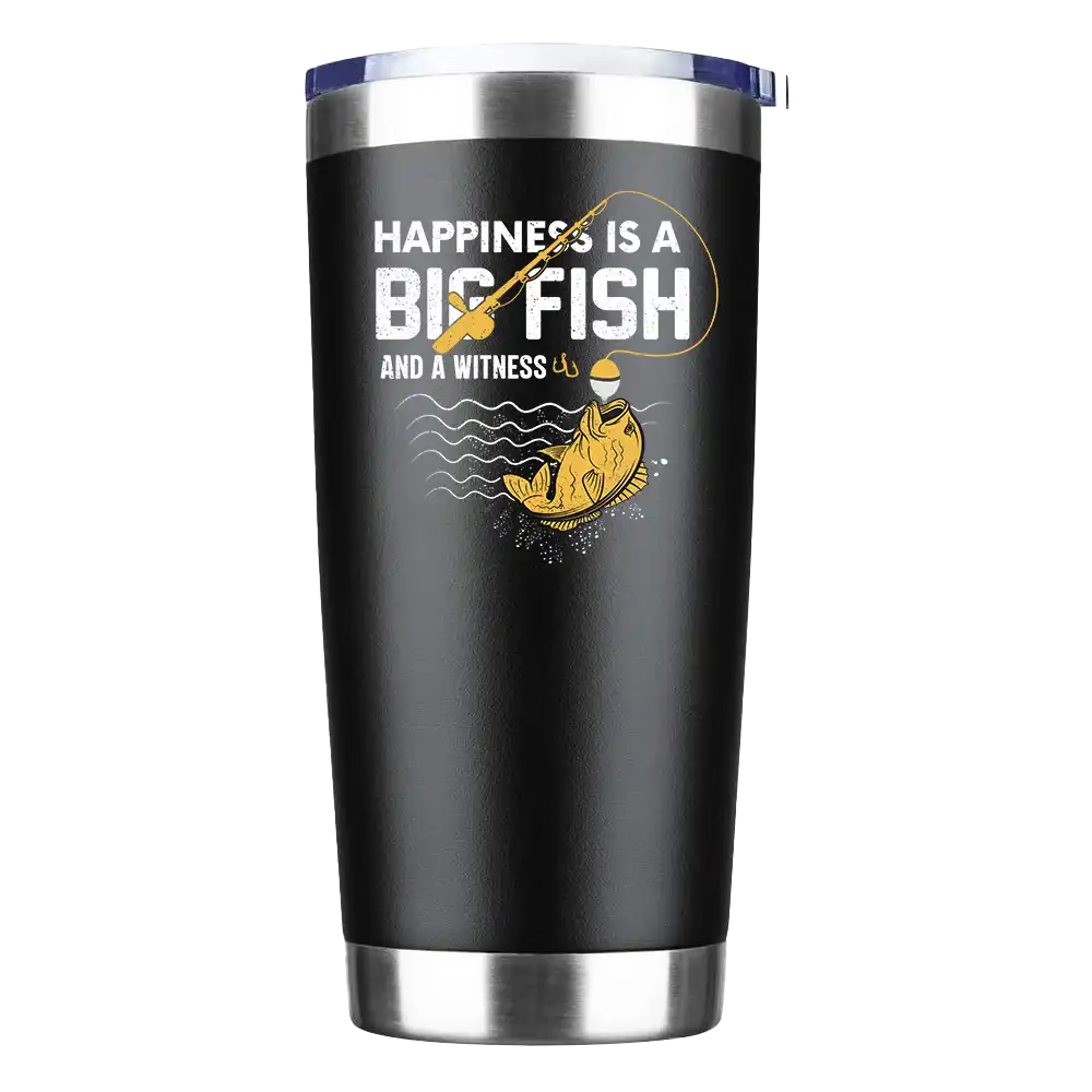 Happiness Is A Big Fish 20oz insulated tumbler with a stylish design, showcasing its stainless steel construction and vacuum-sealed lid.
