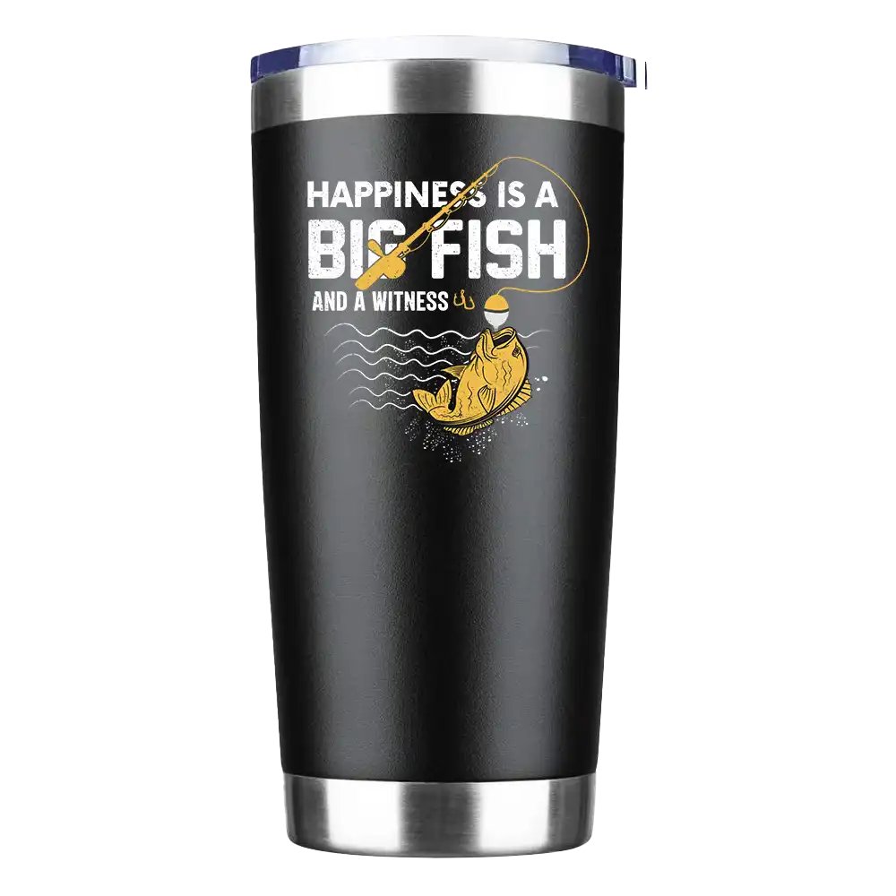 Happiness Is A Big Fish 20oz insulated tumbler with a stylish design, showcasing its stainless steel construction and vacuum-sealed lid.