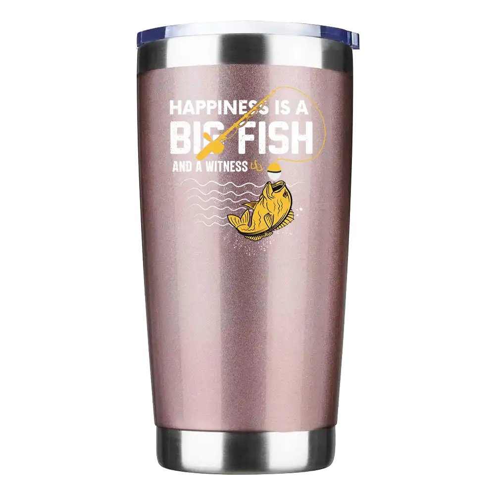 Happiness Is A Big Fish 20oz insulated tumbler with a stylish design, showcasing its stainless steel construction and vacuum-sealed lid.