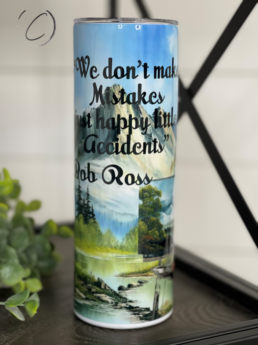 Happy Accidents Bob Ross 20oz Skinny Tumbler with artistic design and reusable straw.