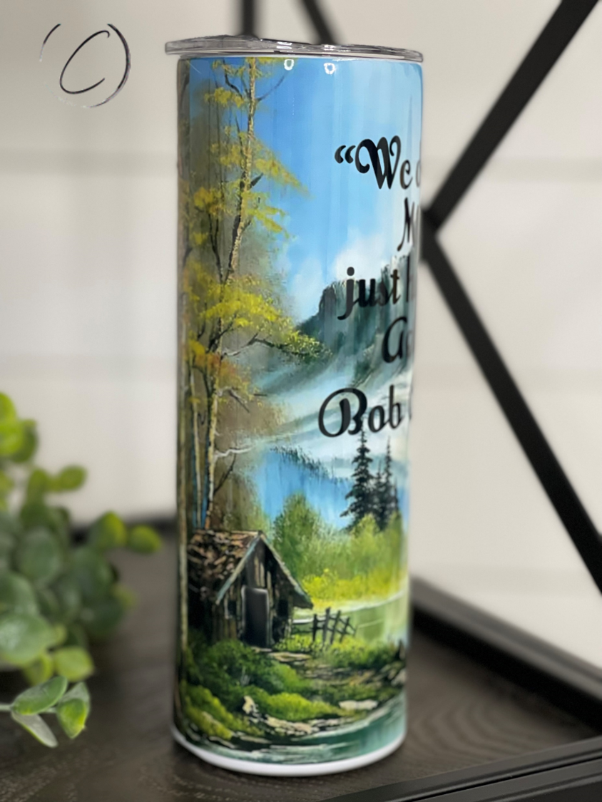 Happy Accidents Bob Ross 20oz Skinny Tumbler with artistic design and reusable straw.