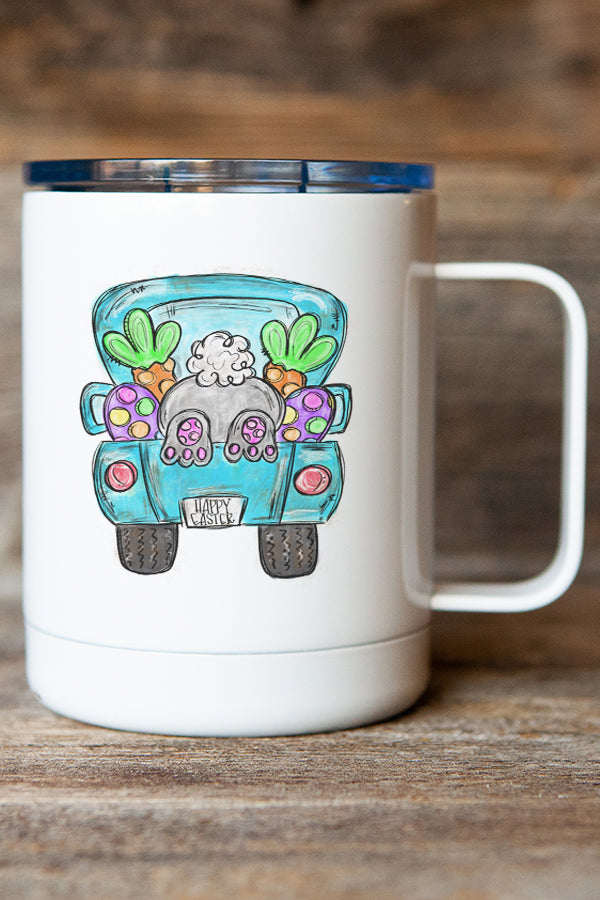 Happy Easter Bunny Butt Truck Stainless Steel Coffee Travel Cup with a whimsical bunny design, perfect for travel and outdoor use.