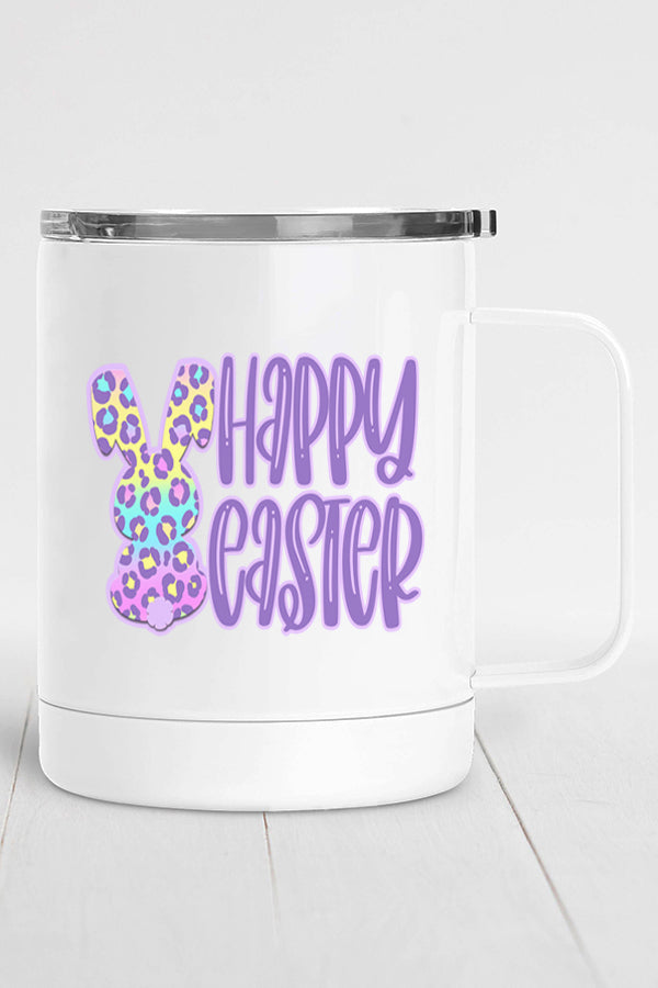Happy Easter Purple Yellow Bunny Stainless Steel Coffee Travel Cup with vibrant design, double wall insulation, and secure lid.