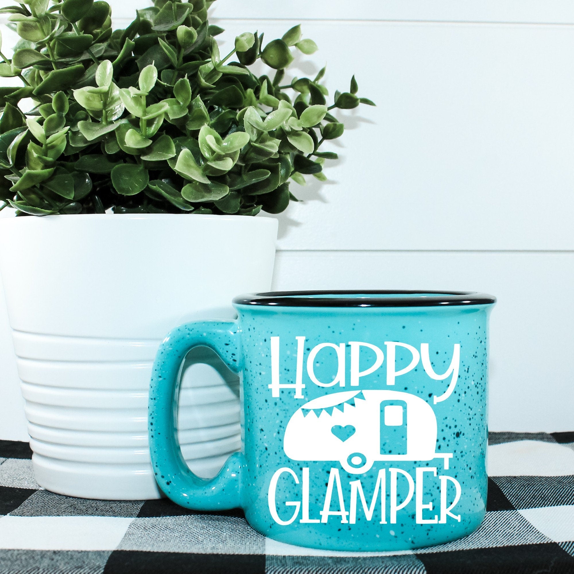 Happy Glamper Campfire Mug with outdoor vinyl design, perfect for camping and outdoor use.