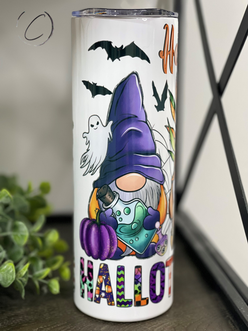 Happy Hallothanksmas 20oz Skinny Tumbler featuring a festive design for Halloween, Thanksgiving, and Christmas celebrations.