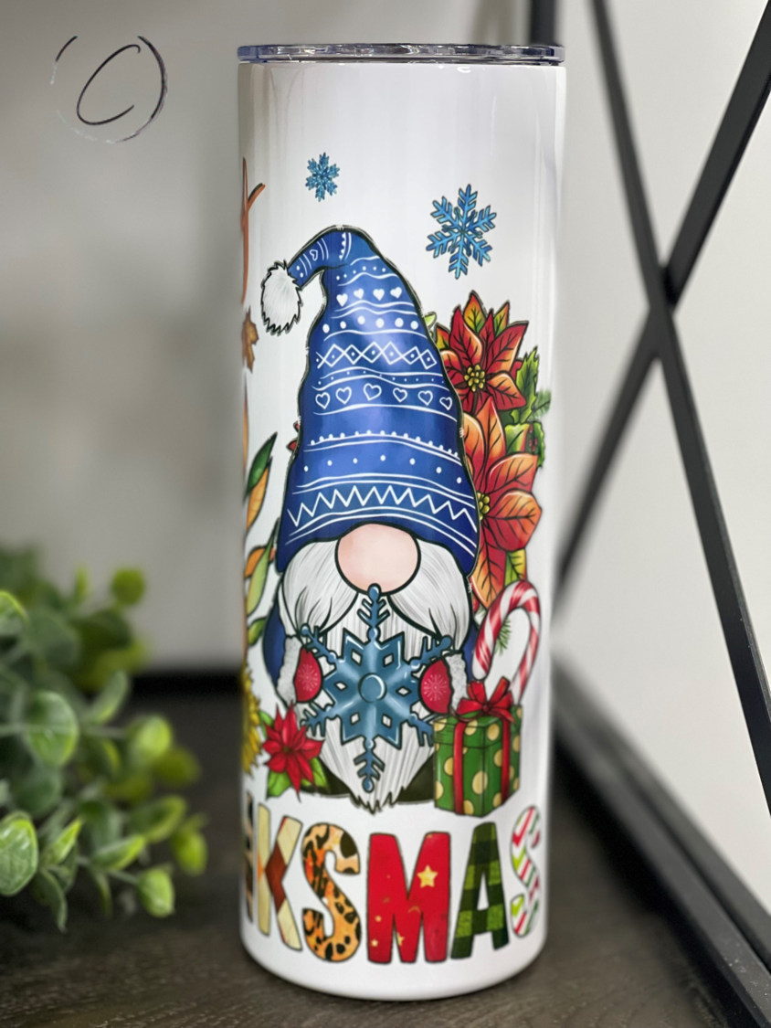 Happy Hallothanksmas 20oz Skinny Tumbler featuring a festive design for Halloween, Thanksgiving, and Christmas celebrations.