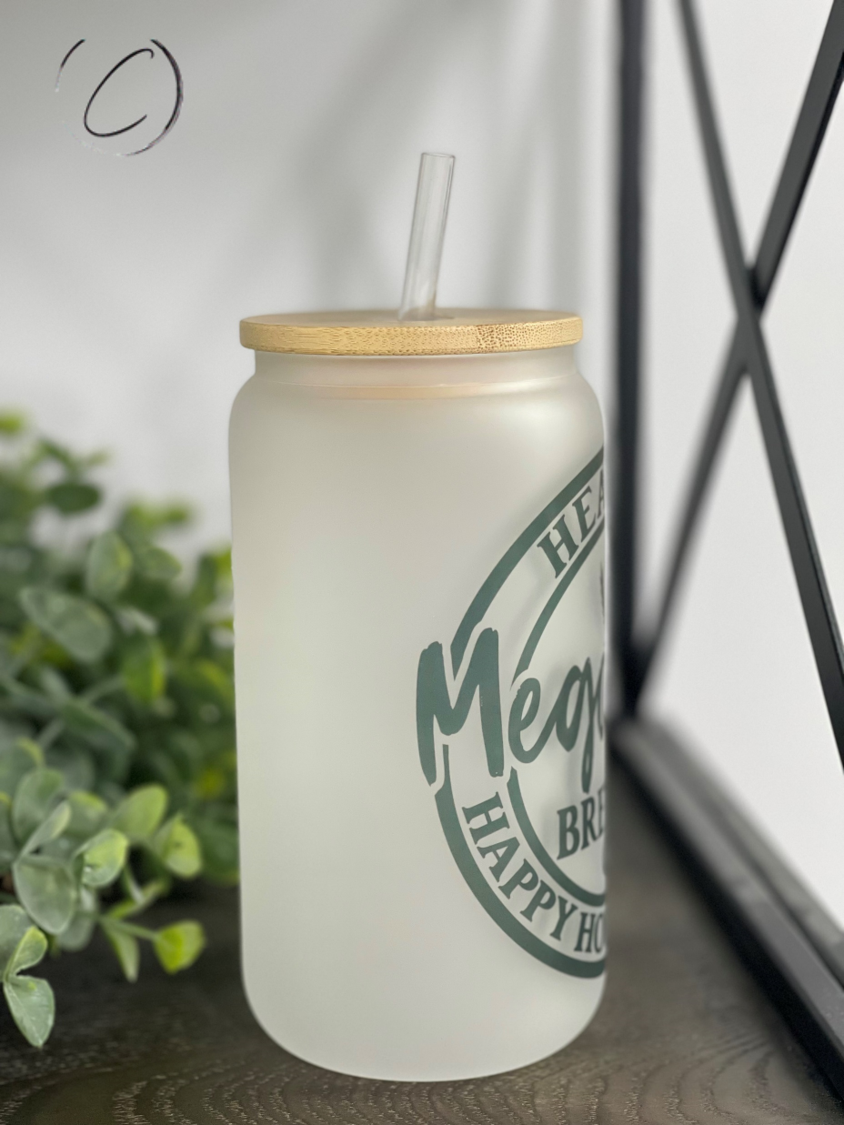 Hearsay Brewing Co. 16oz Libbey Glass with a unique full wrap design and included straw, showcasing its durable and stylish appearance.